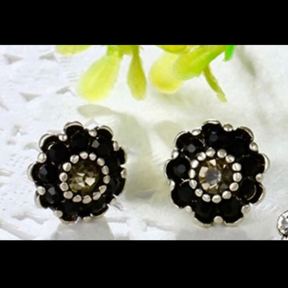 Black silver and crystal scalloped studs